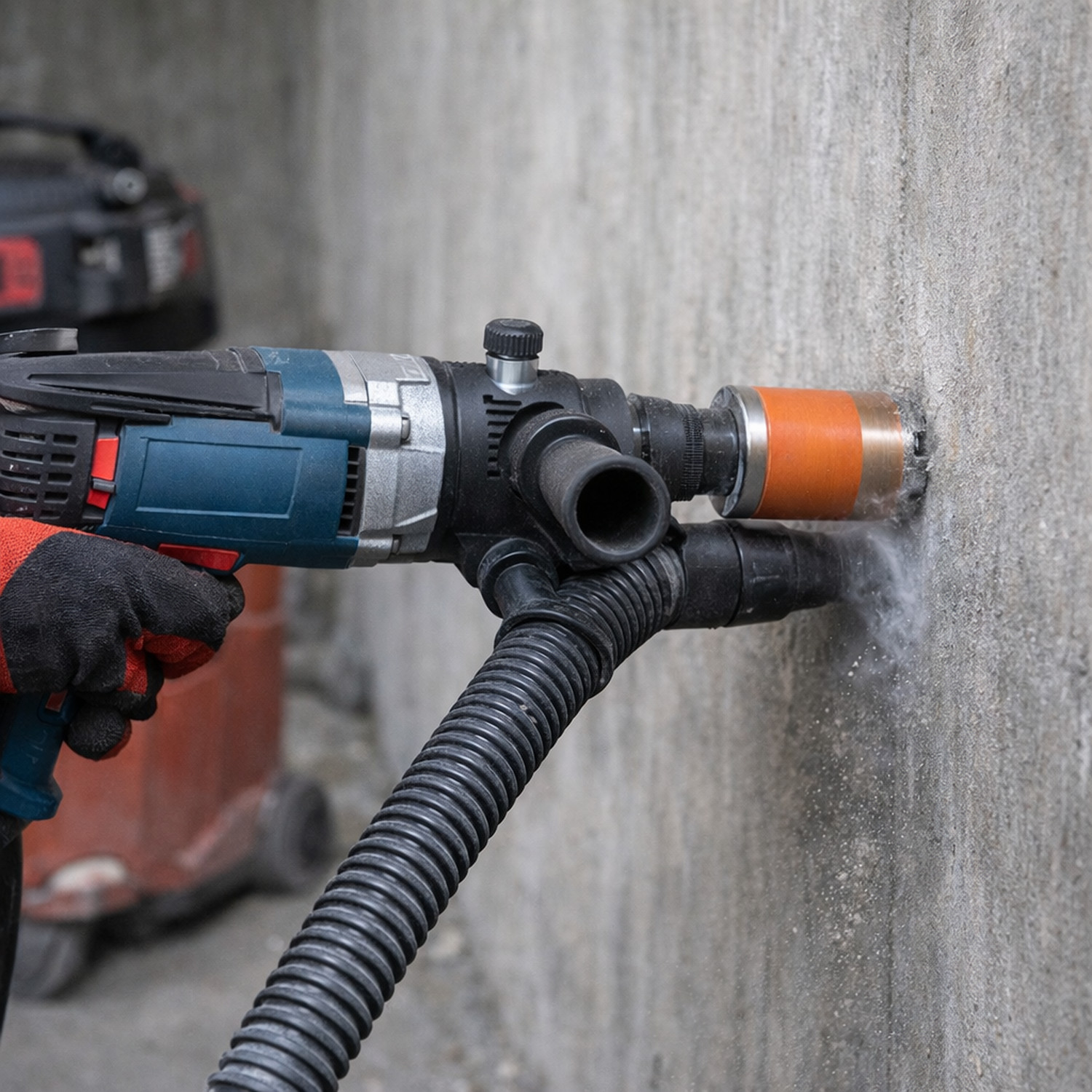 Алмазная дрель с микроударом при сухом сверлении бетона коронкой